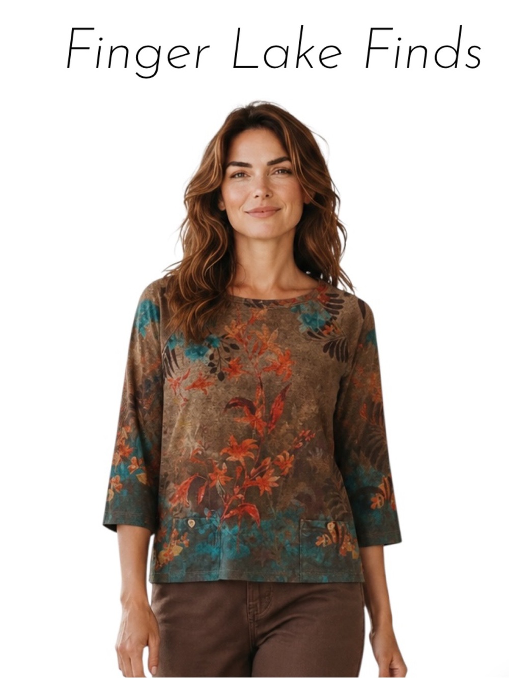 Ali Miles Floral Print Crewneck in Teal & Rust, M